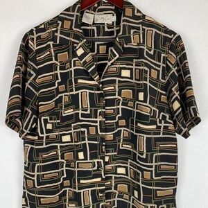Vintage Kathy Che Geometric Short Sleeve Button Down Blouse Top Medium EUC